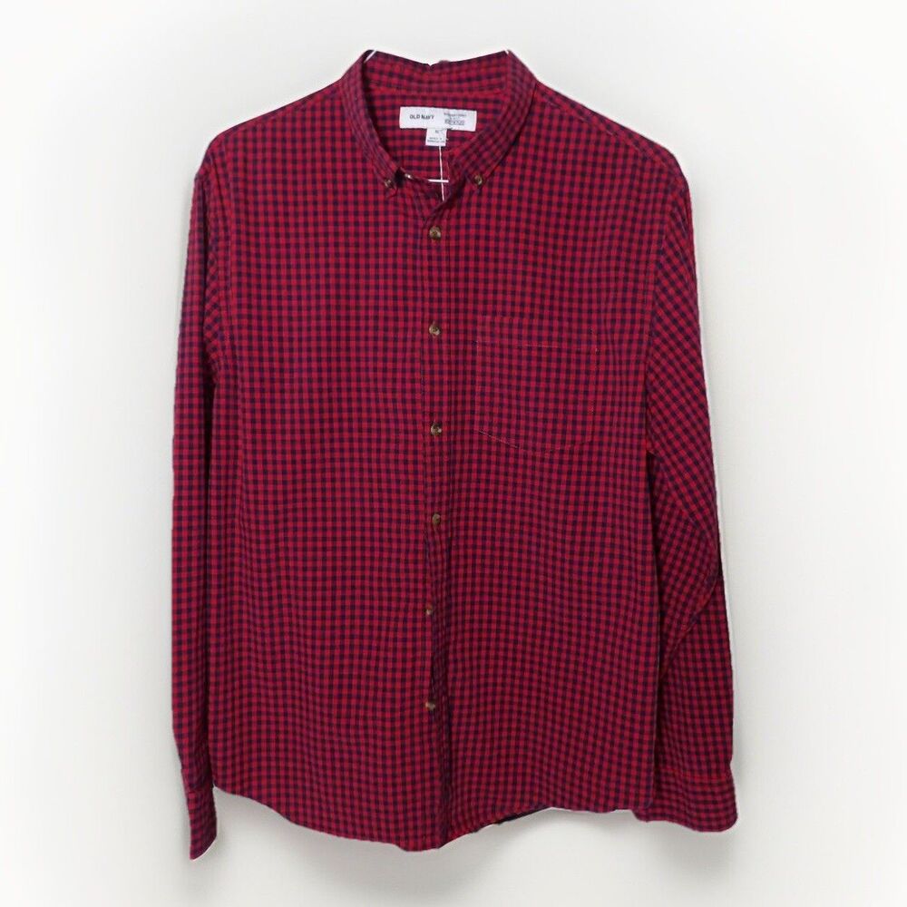 Old Navy Red Blue Classic Plaid Gingham Button Down Long Sleeve Men’s XL Cotton